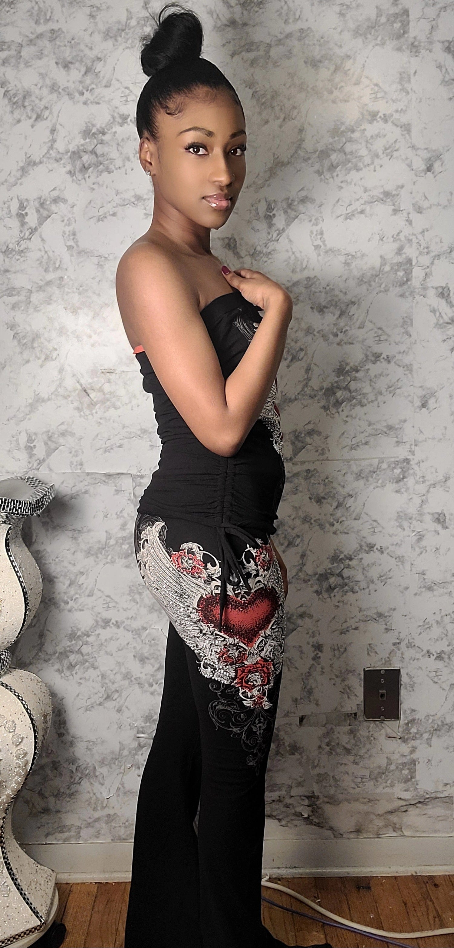 Rhinestone Heart Printed Two Piece Set
