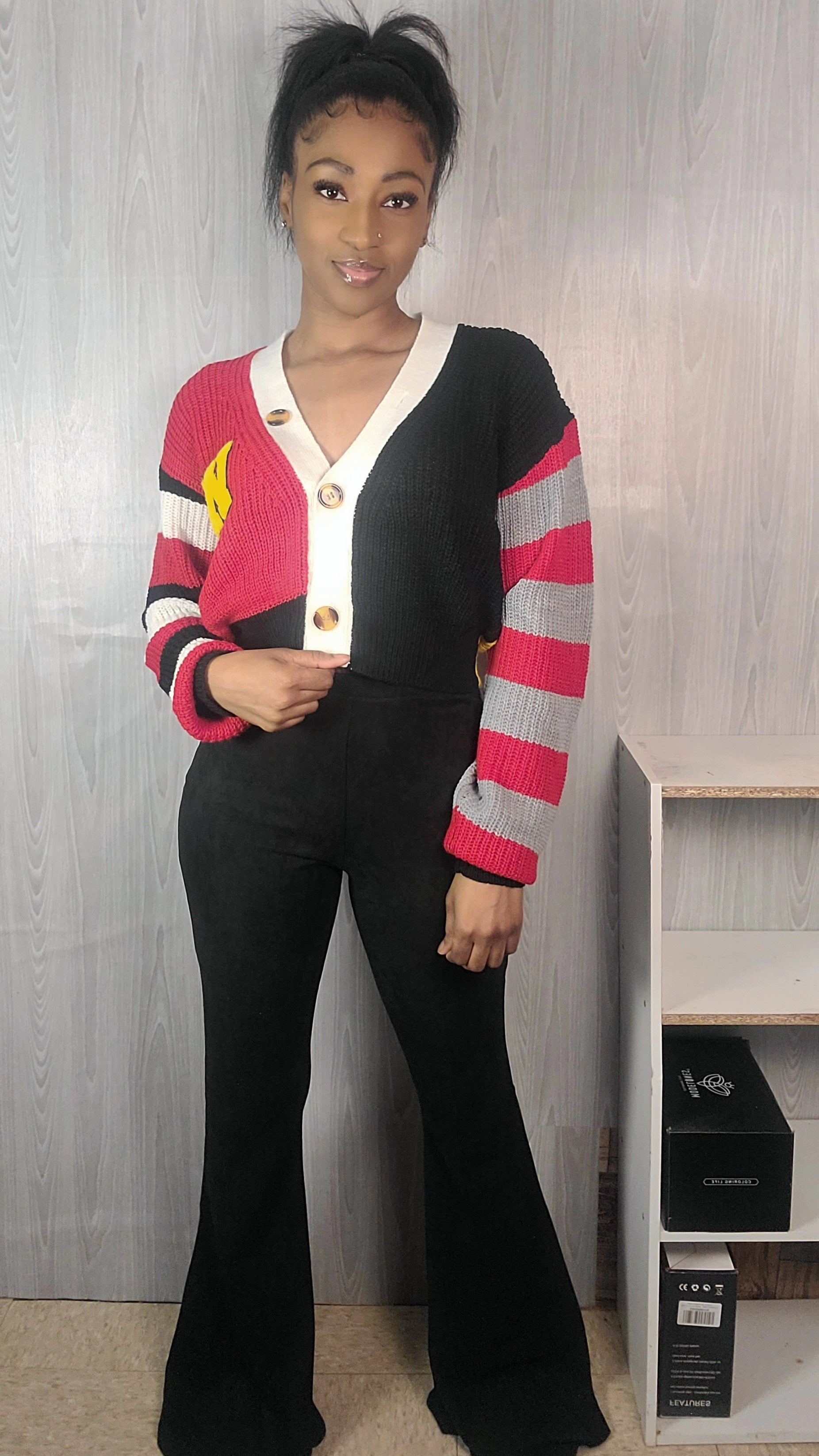 Cropped Colorblock Cardigan Knitted Sweater