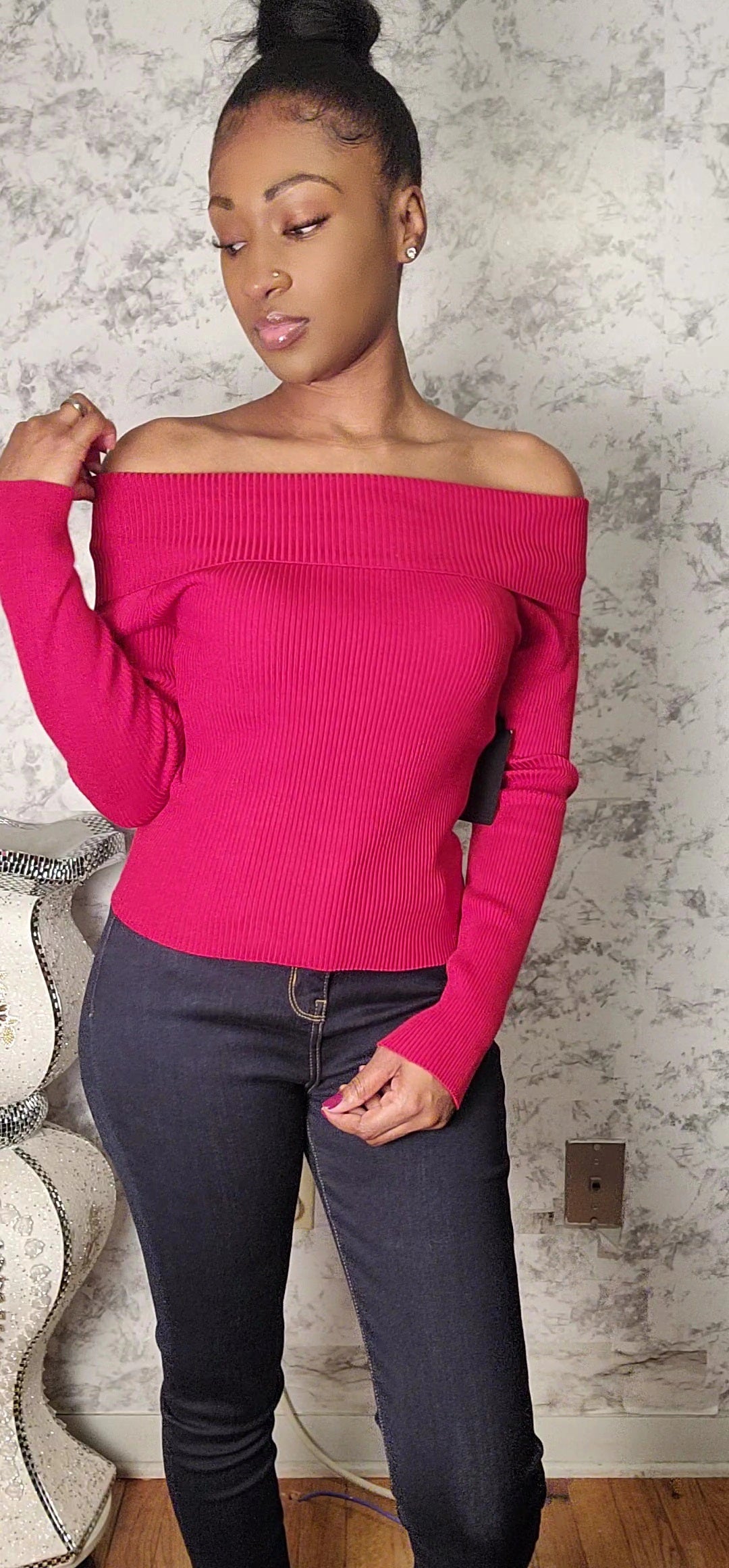 Long Sleeve Off Shoulder Knit Ribbed Top