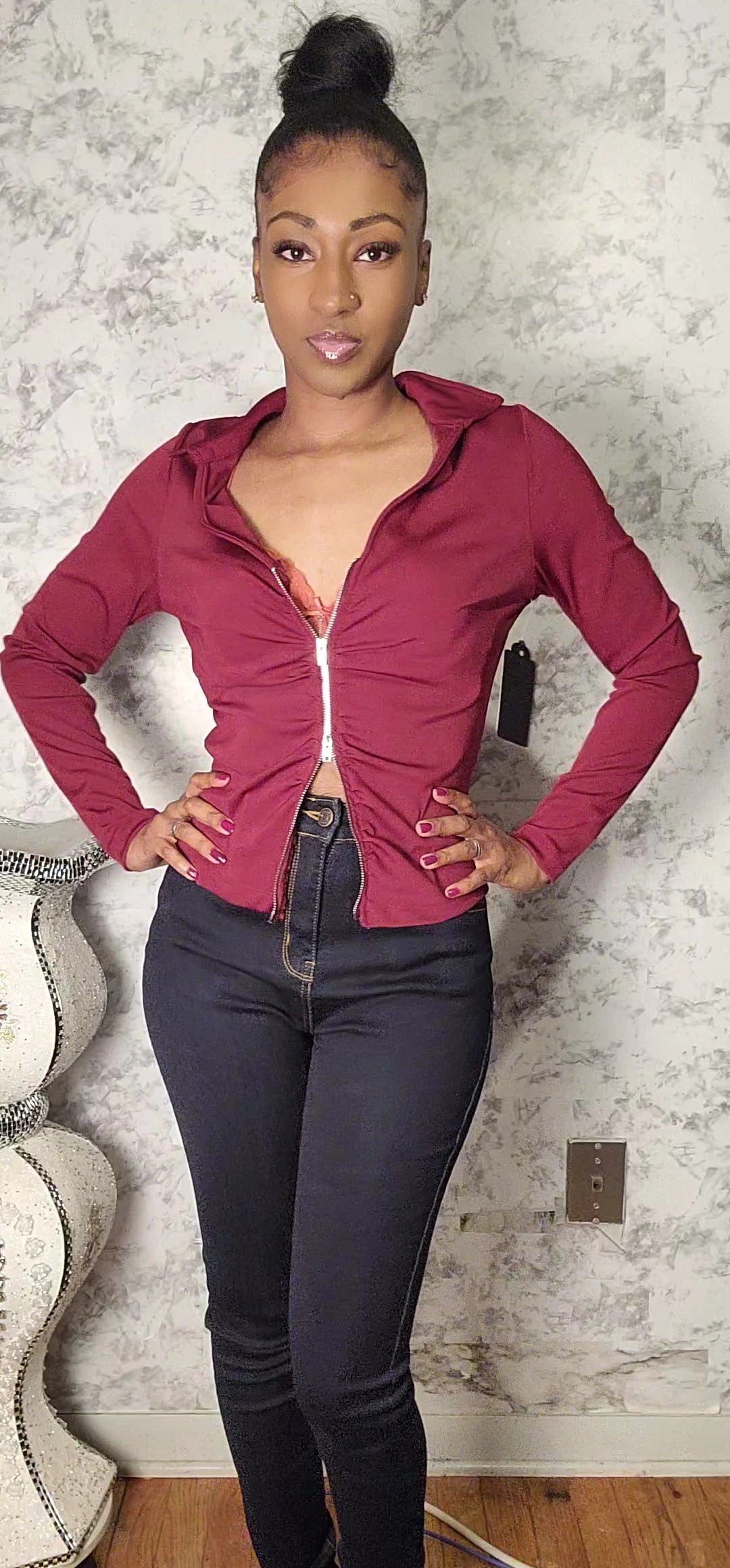 Long Sleeve Two Way Zipper Jacket W/Collar