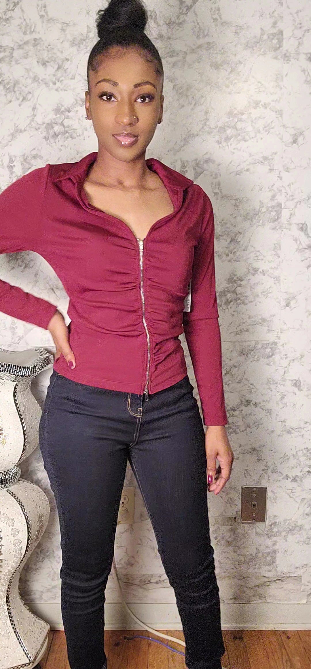 Long Sleeve Two Way Zipper Jacket W/Collar