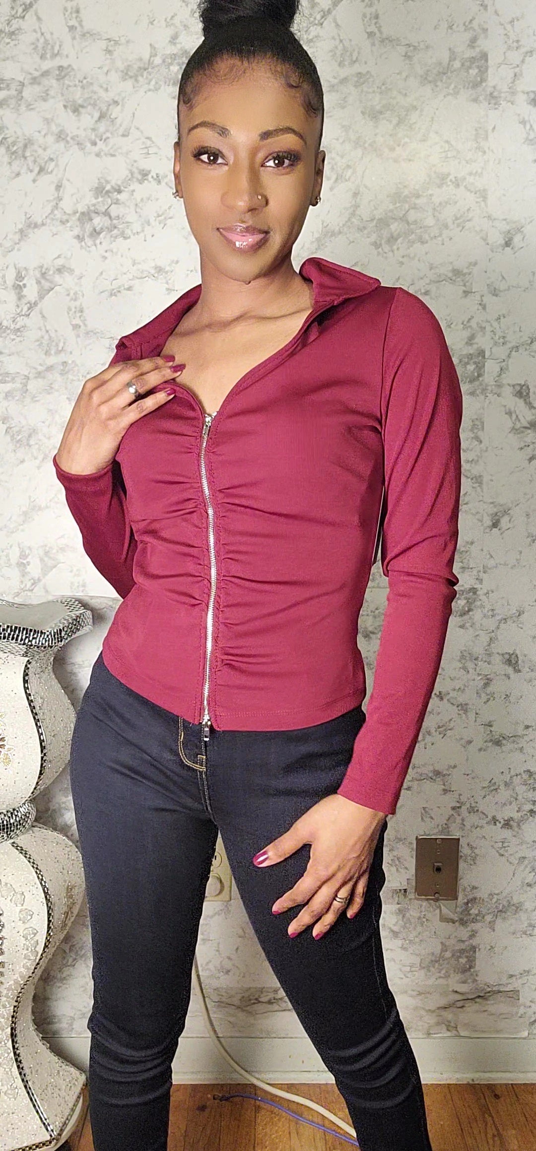 Long Sleeve Two Way Zipper Jacket W/Collar