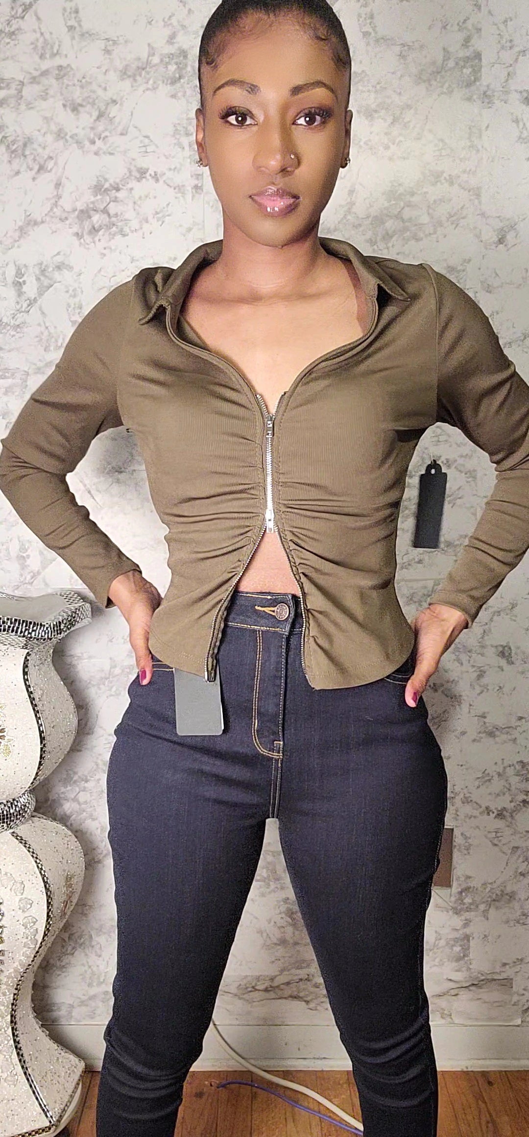 Long Sleeve Two Way Zipper Jacket W/Collar