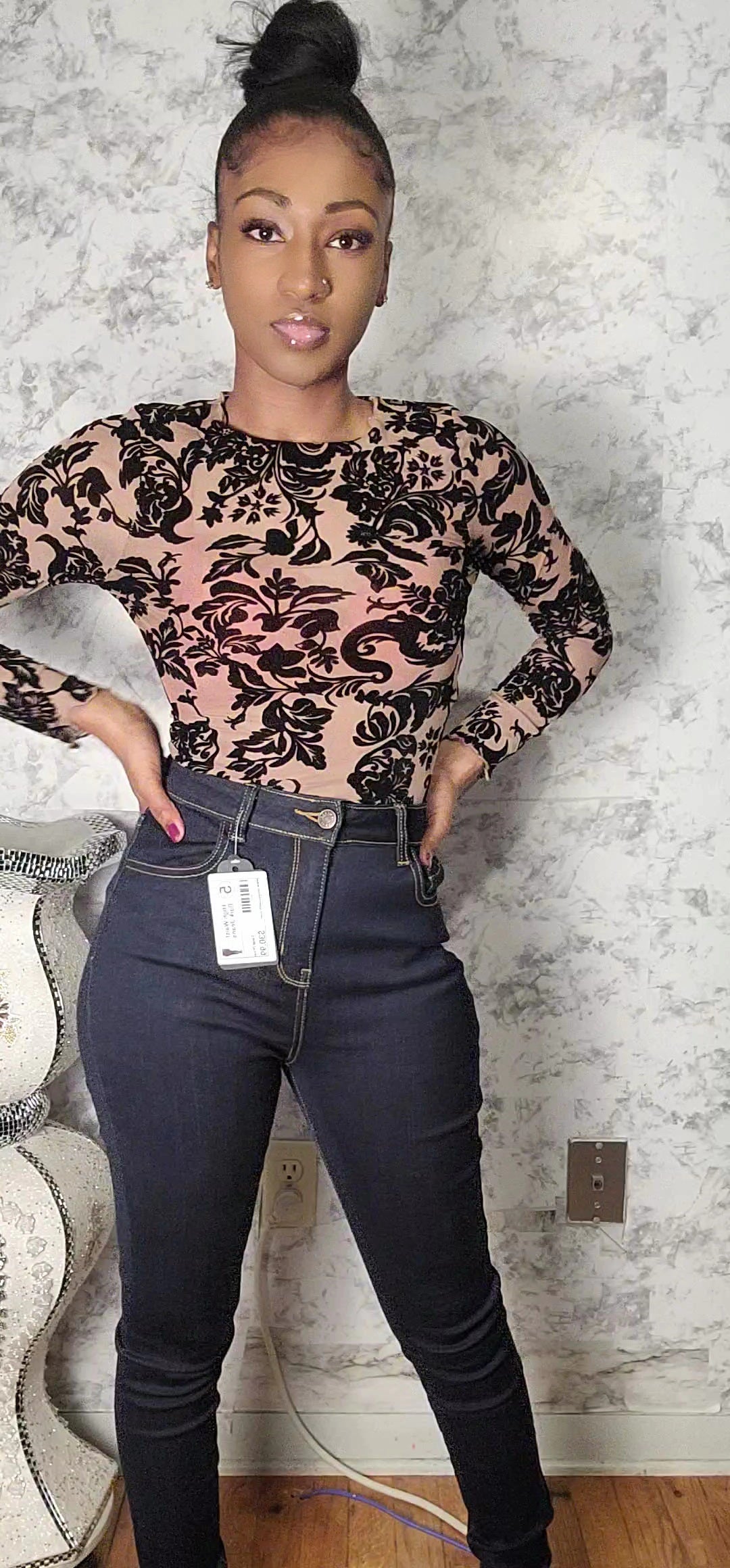 Velvet Mesh Floral Design Crop Top