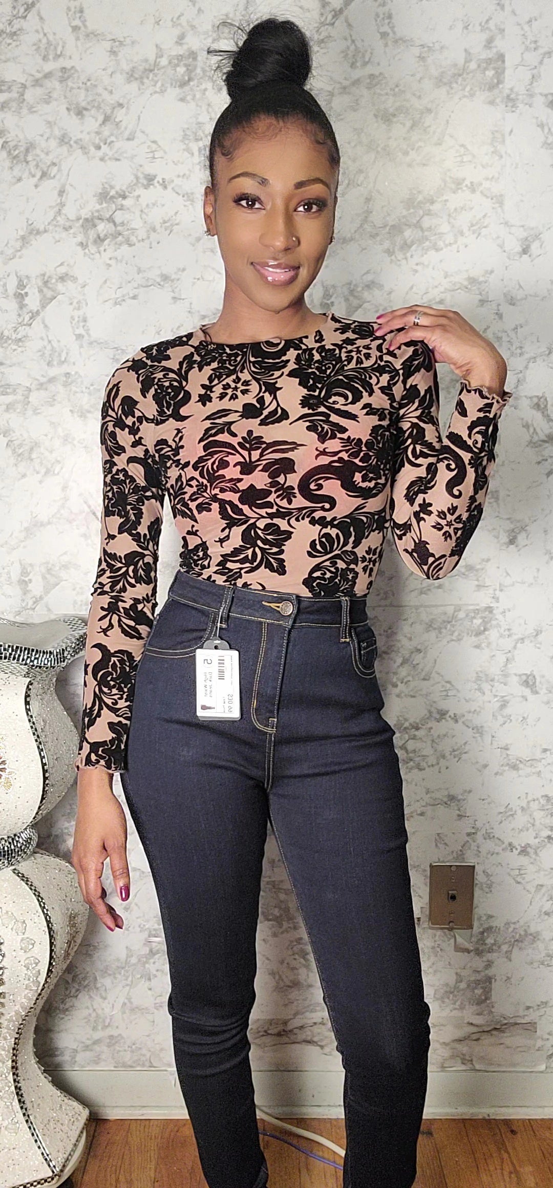 Velvet Mesh Floral Design Crop Top
