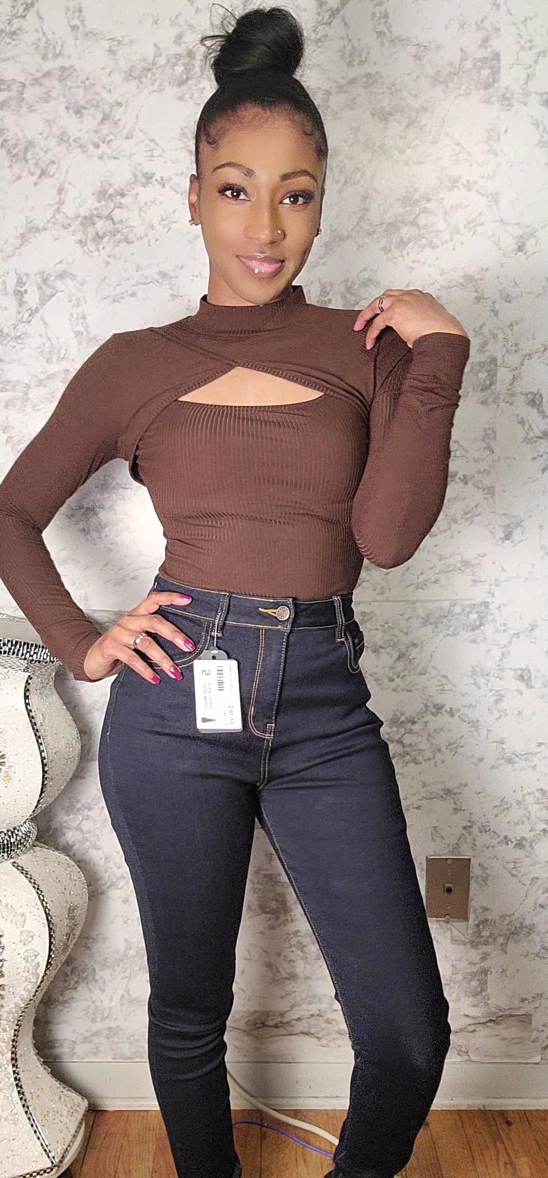Front Cut Long Sleeve Bodysuit - Brown