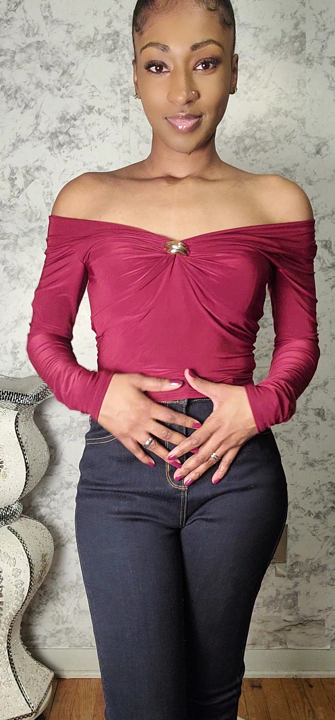 Off Shoulder Long Sleeve Top With Brooch