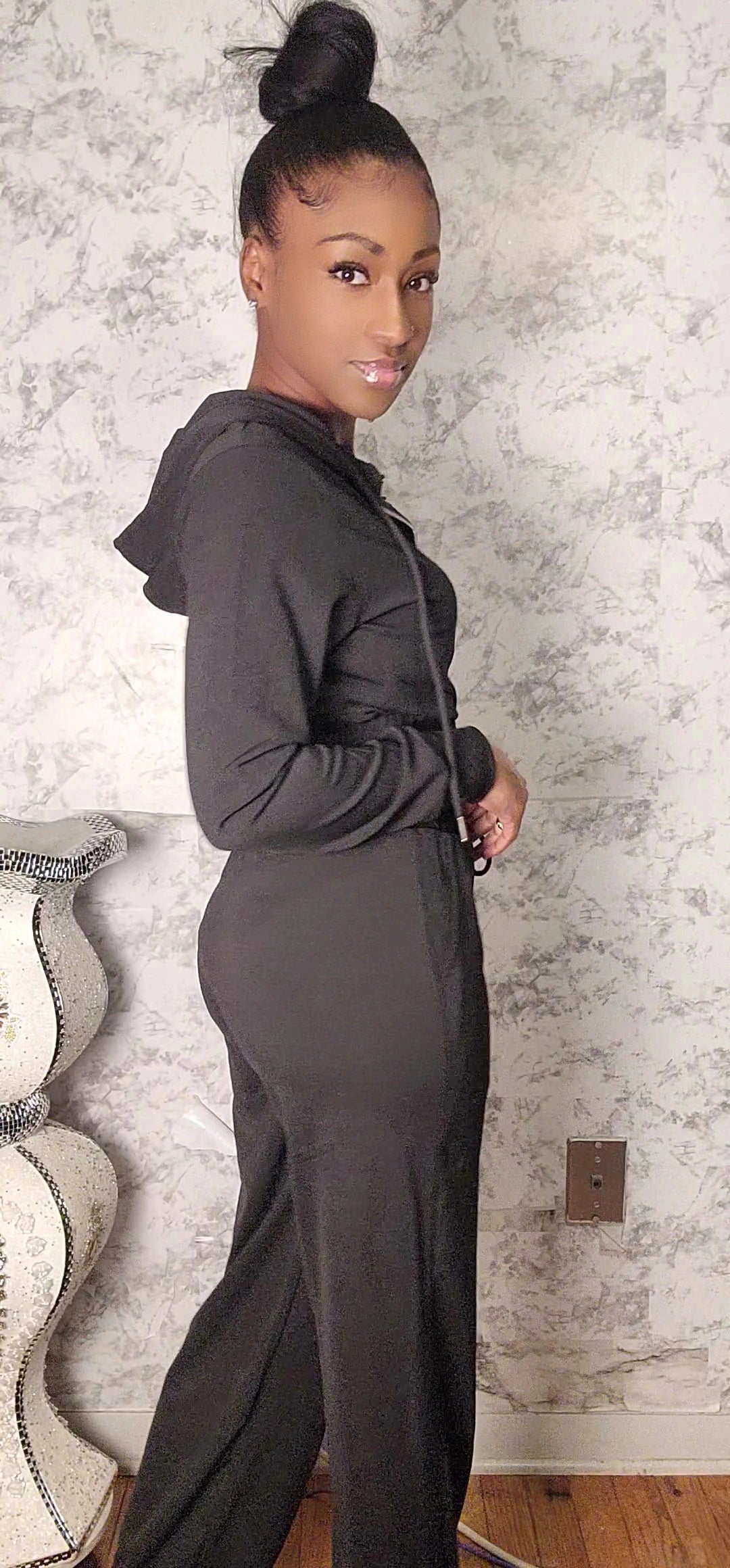 Two Way Zipper Hoodie Jacket And Straight Leg Velour Set