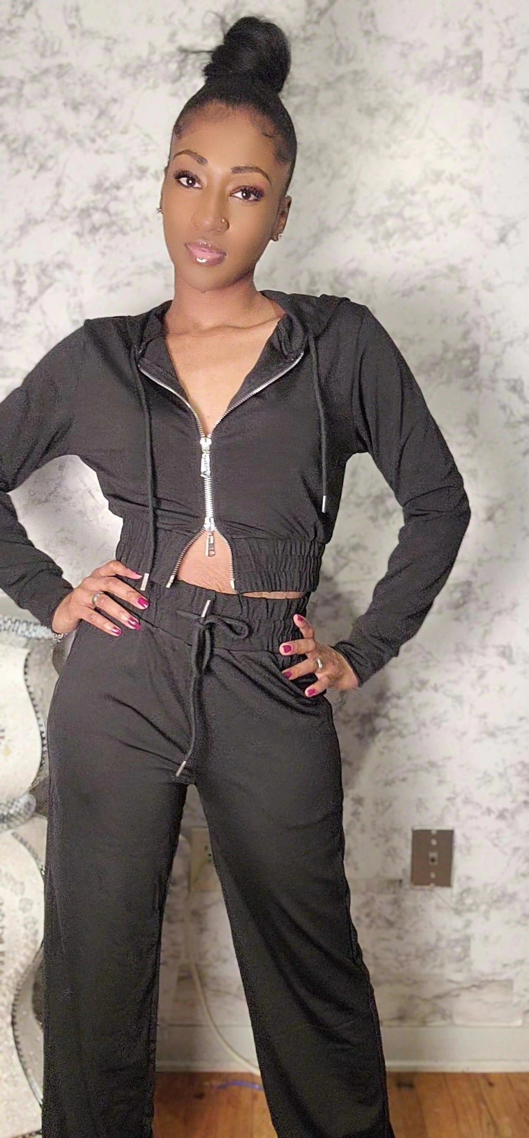 Two Way Zipper Hoodie Jacket And Straight Leg Velour Set