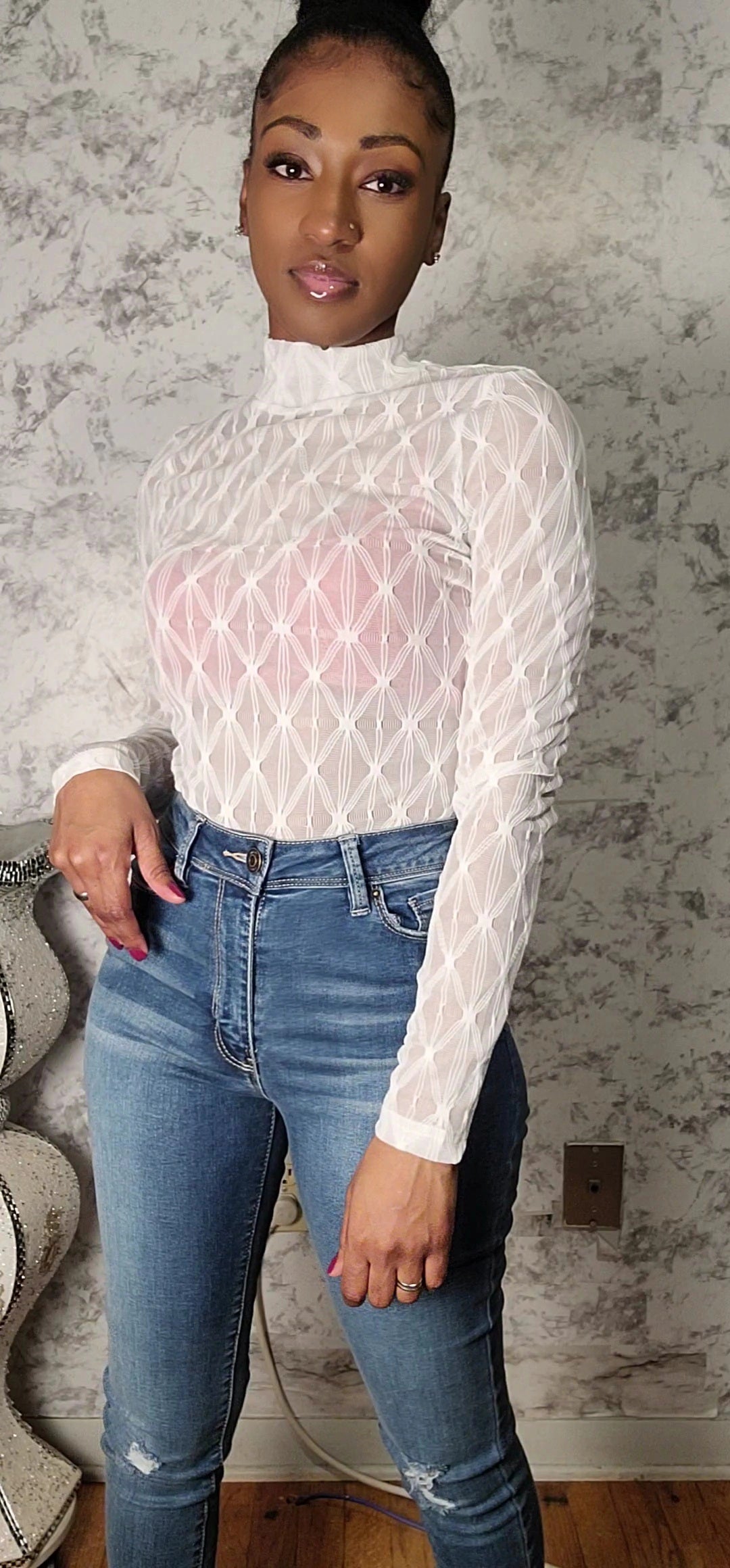 Diamond Long Sleeve Mesh Turtleneck Bodysuit
