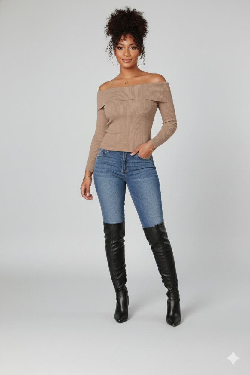 Long Sleeve Off Shoulder Knit Ribbed Top