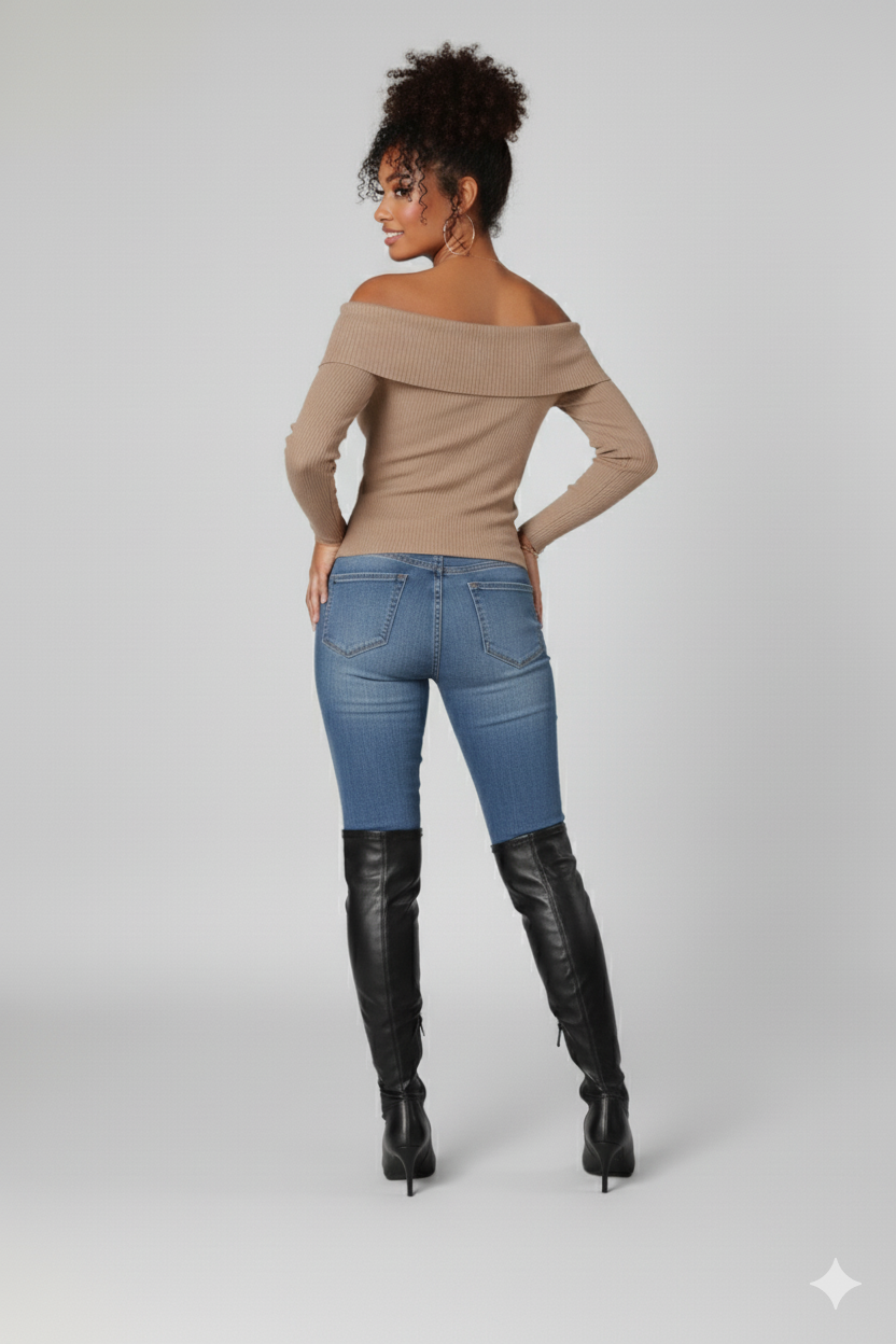 Long Sleeve Off Shoulder Knit Ribbed Top