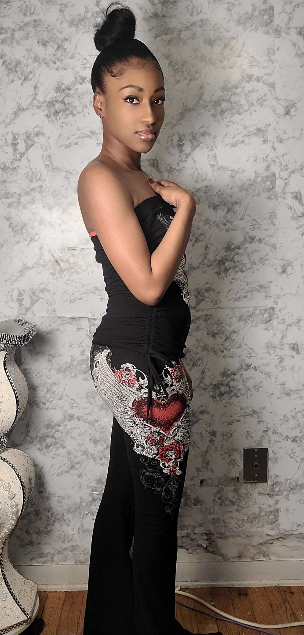 Rhinestone Heart Printed Two Piece Set