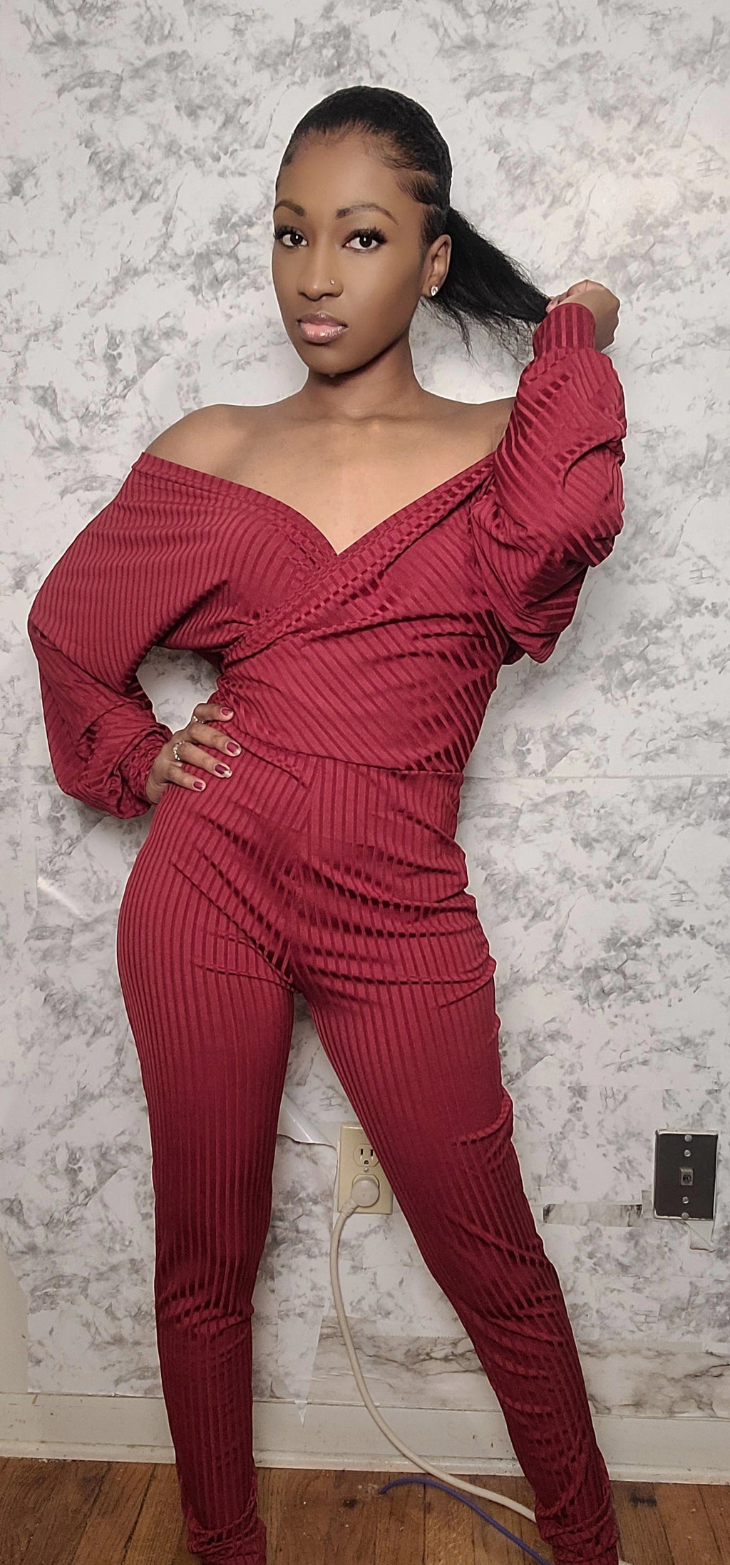 Off Shoulder V-Neck Jumpsuit