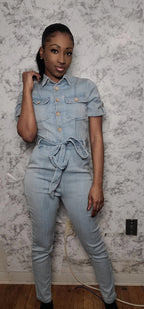 Short Sleeve Denim Jumpsuit w/Waist Tie