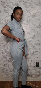 Short Sleeve Denim Jumpsuit w/Waist Tie