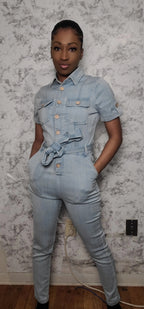 Short Sleeve Denim Jumpsuit w/Waist Tie