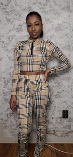 Plaid Crop Top and Pants Two Piece Set