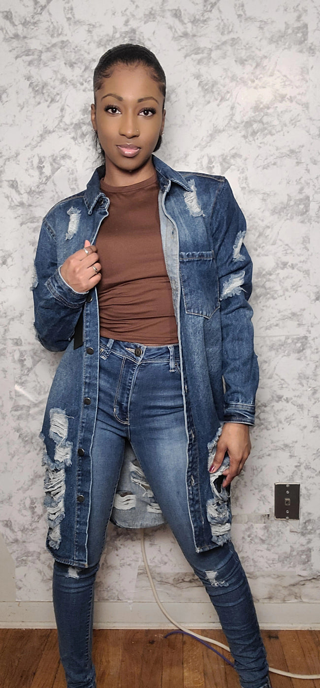 Long Length Denim Distressed Jacket Hover Image