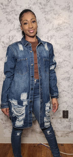 Long Length Denim Distressed Jacket