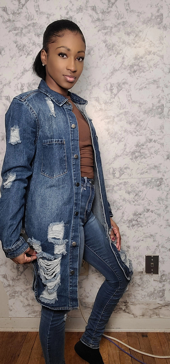 Long Length Denim Distressed Jacket Main Image