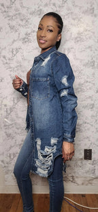 Long Length Denim Distressed Jacket
