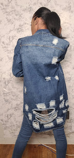 Long Length Denim Distressed Jacket