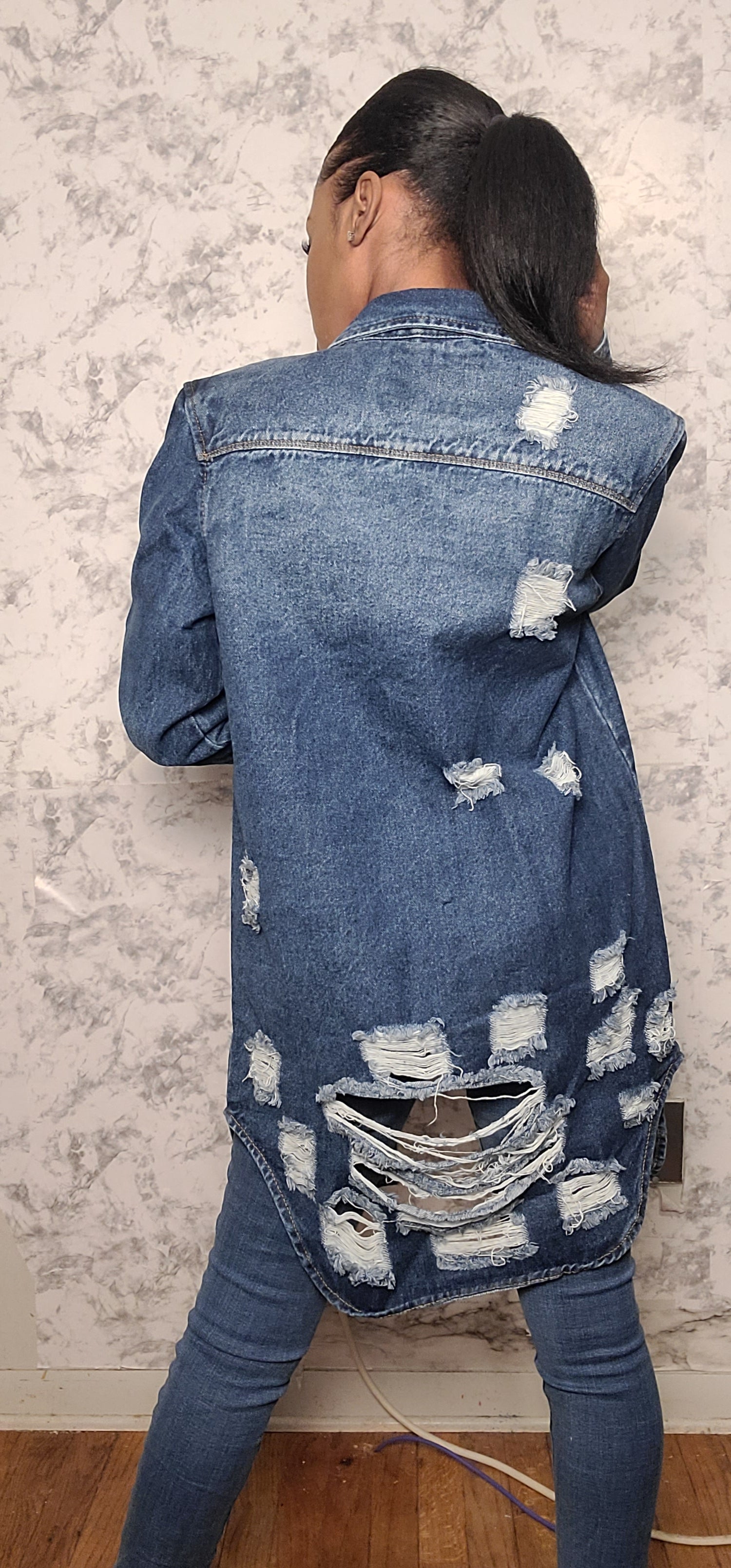 Long Length Denim Distressed Jacket
