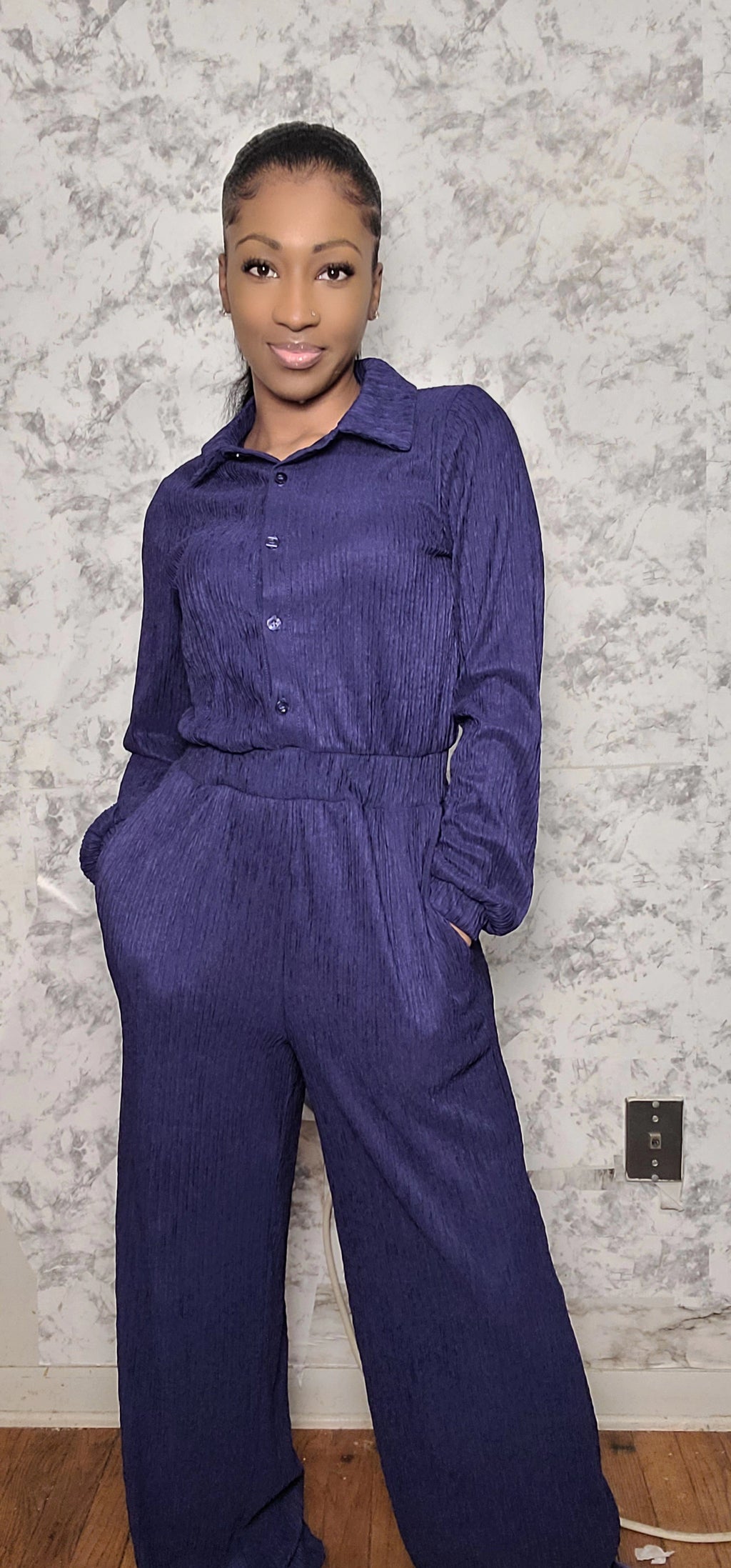 Clinched Crinkled Wide Leg Junpsuit