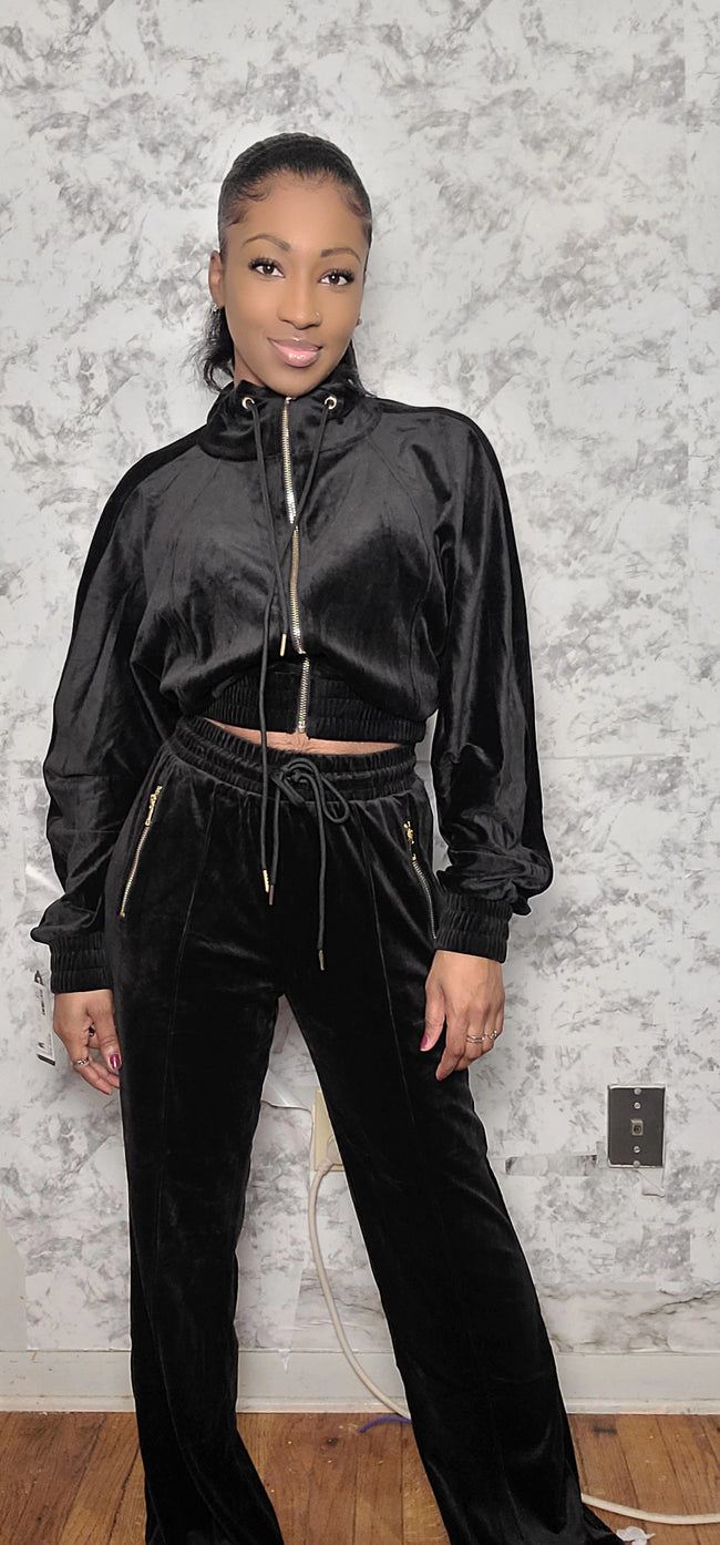 Zip Up Hoodie Jacket And Straight Leg Velour Two Piece Set Main Image