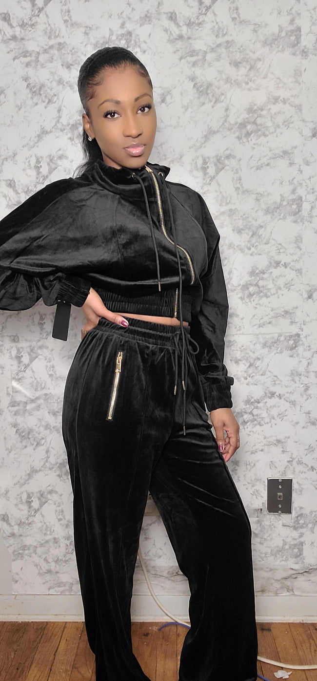 Zip Up Hoodie Jacket And Straight Leg Velour Two Piece Set Hover Image