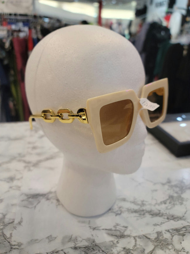 Cream Trim Gold Rim Square Sunglasses Hover Image