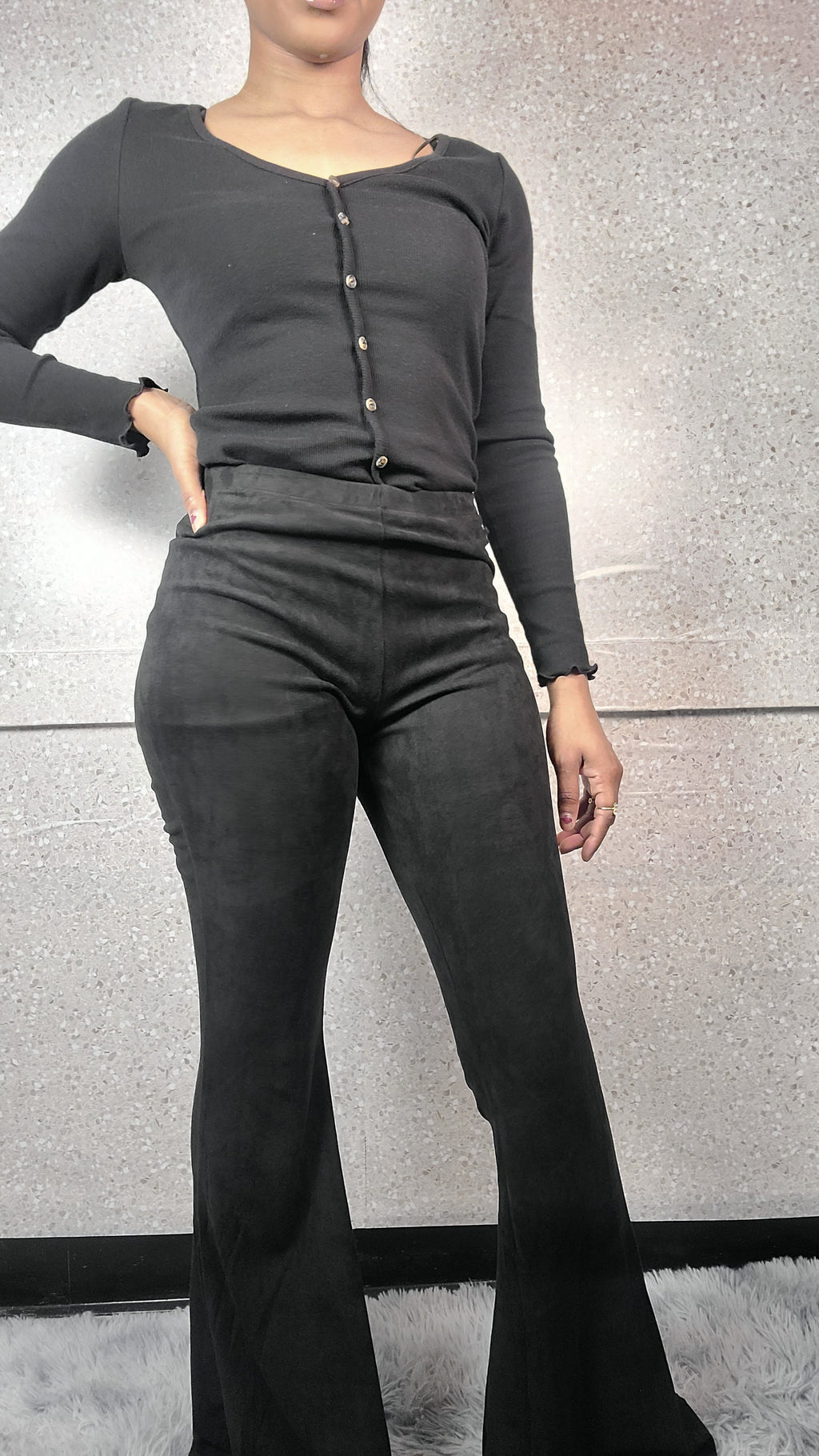 Black Suede Flared Leg Pants
