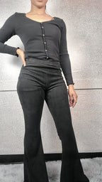 Black Suede Flared Leg Pants