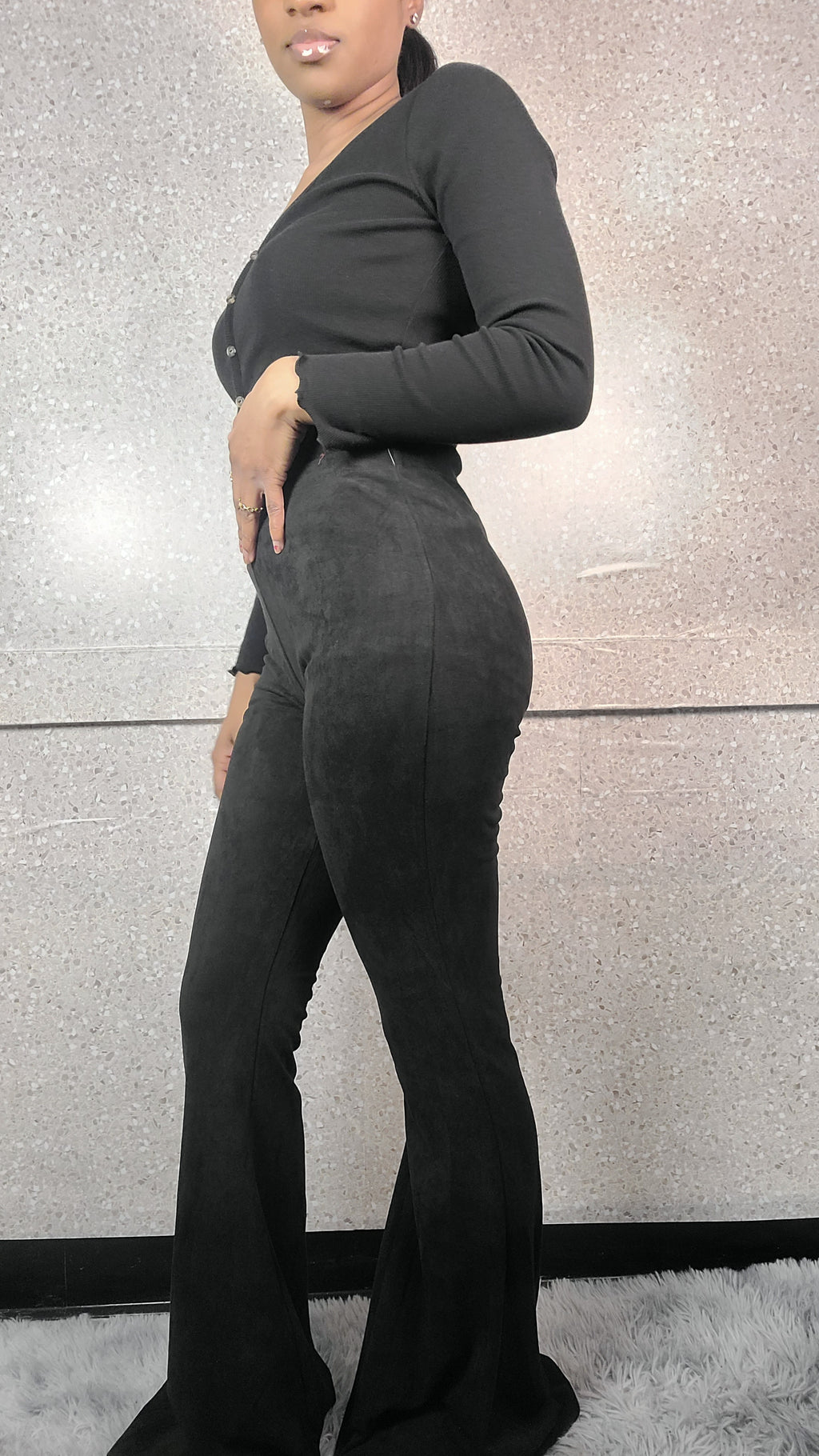 Black Suede Flared Leg Pants