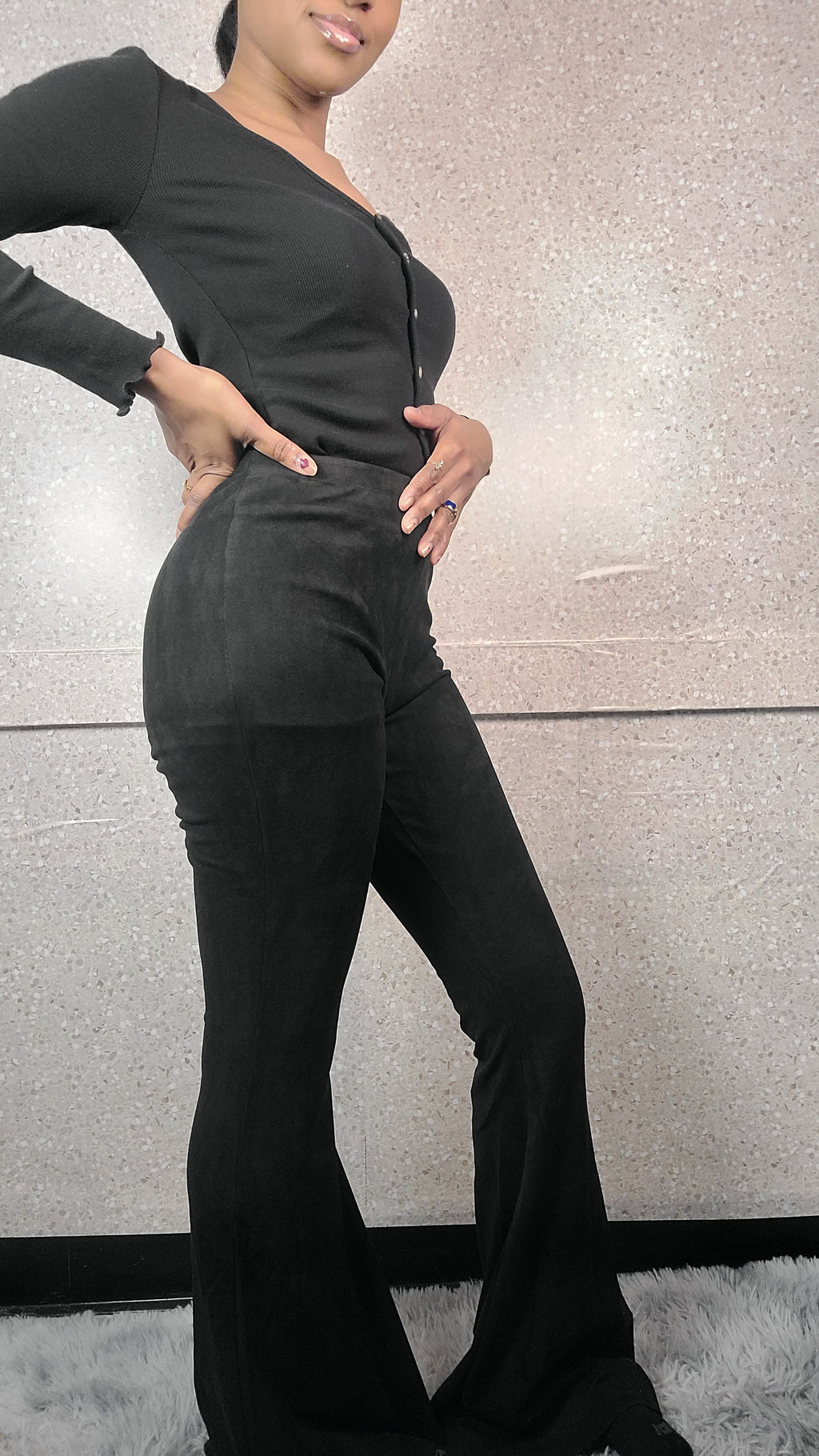 Black Suede Flared Leg Pants