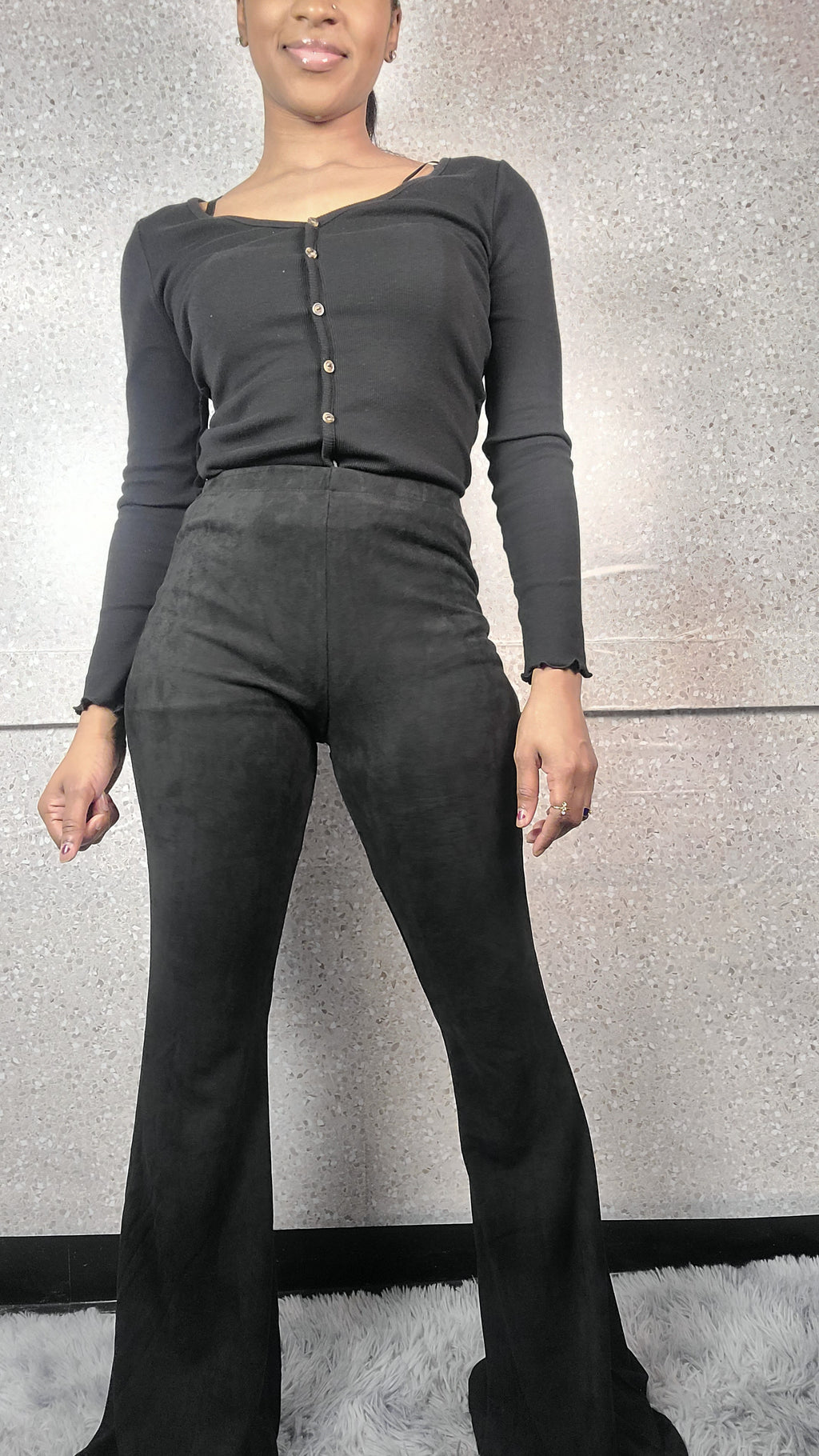 Black Suede Flared Leg Pants