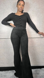 Black Suede Flared Leg Pants