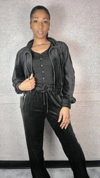 Zipper Hoodie Jacket And Straight Leg Velour Set