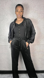 Zipper Hoodie Jacket And Straight Leg Velour Set