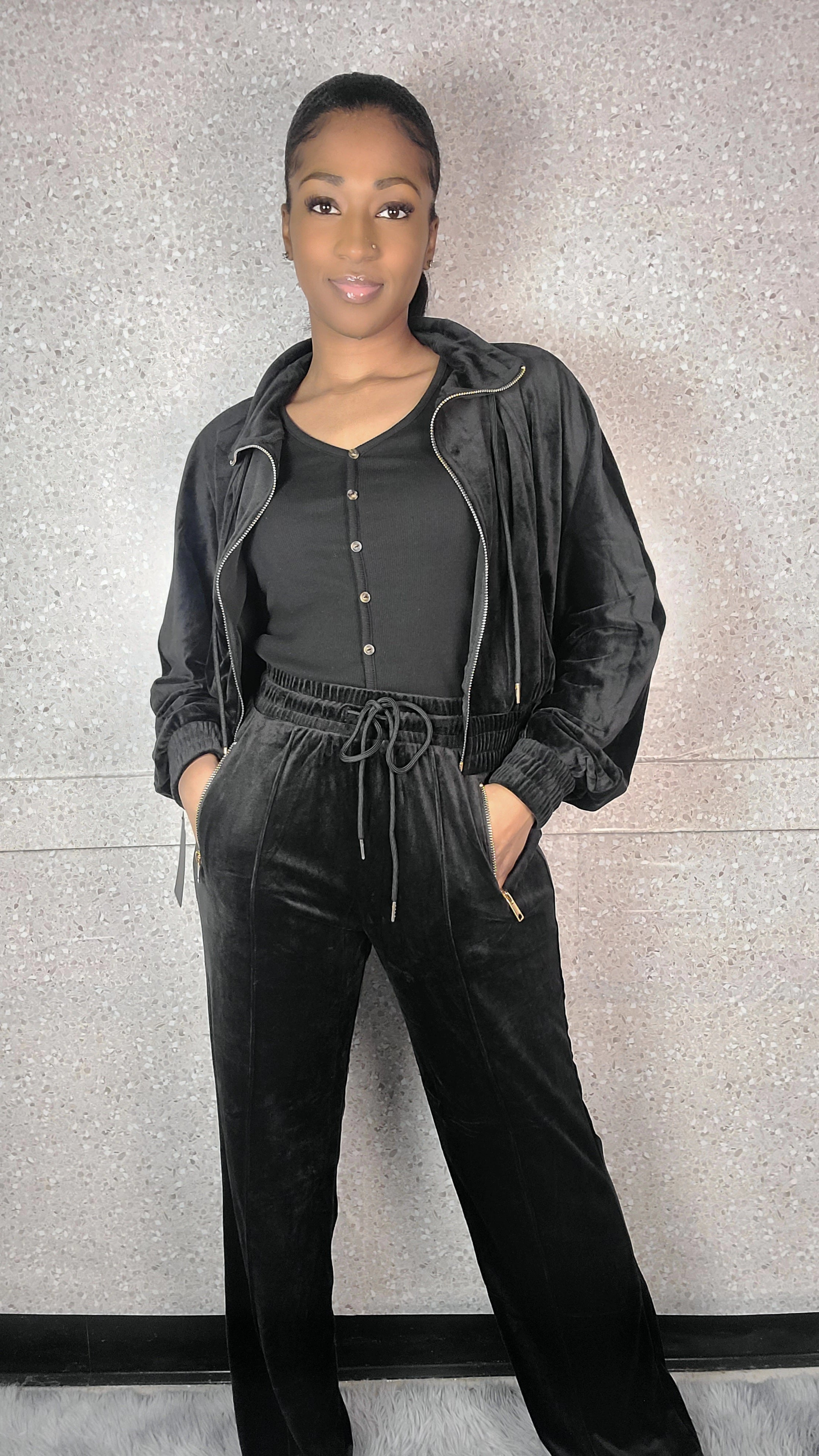 Zipper Hoodie Jacket And Straight Leg Velour Set