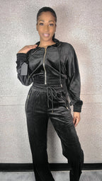 Zipper Hoodie Jacket And Straight Leg Velour Set