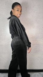 Zipper Hoodie Jacket And Straight Leg Velour Set