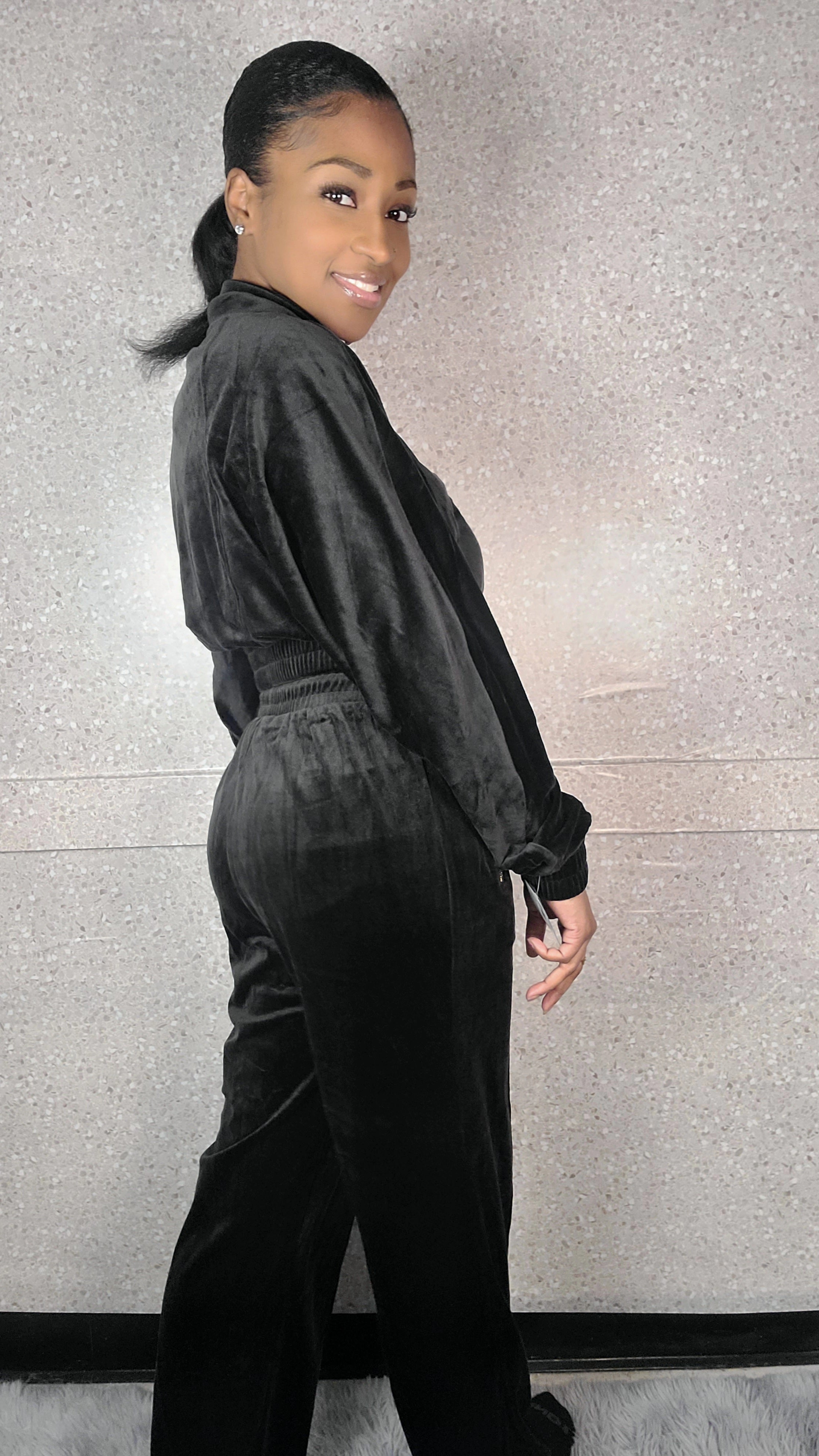 Zipper Hoodie Jacket And Straight Leg Velour Set