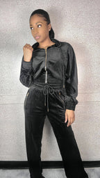 Zipper Hoodie Jacket And Straight Leg Velour Set