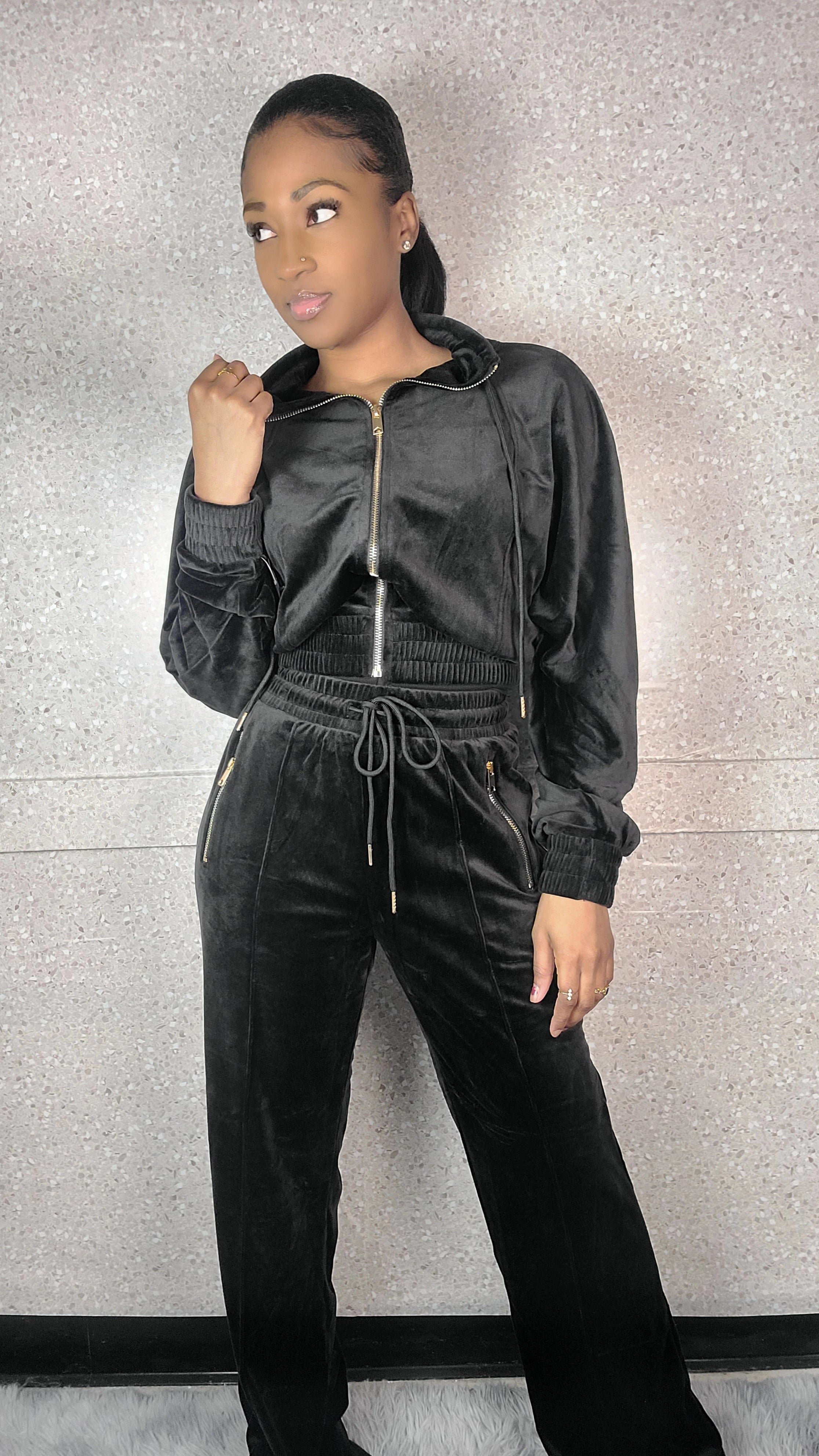 Zipper Hoodie Jacket And Straight Leg Velour Set