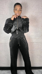 Zipper Hoodie Jacket And Straight Leg Velour Set
