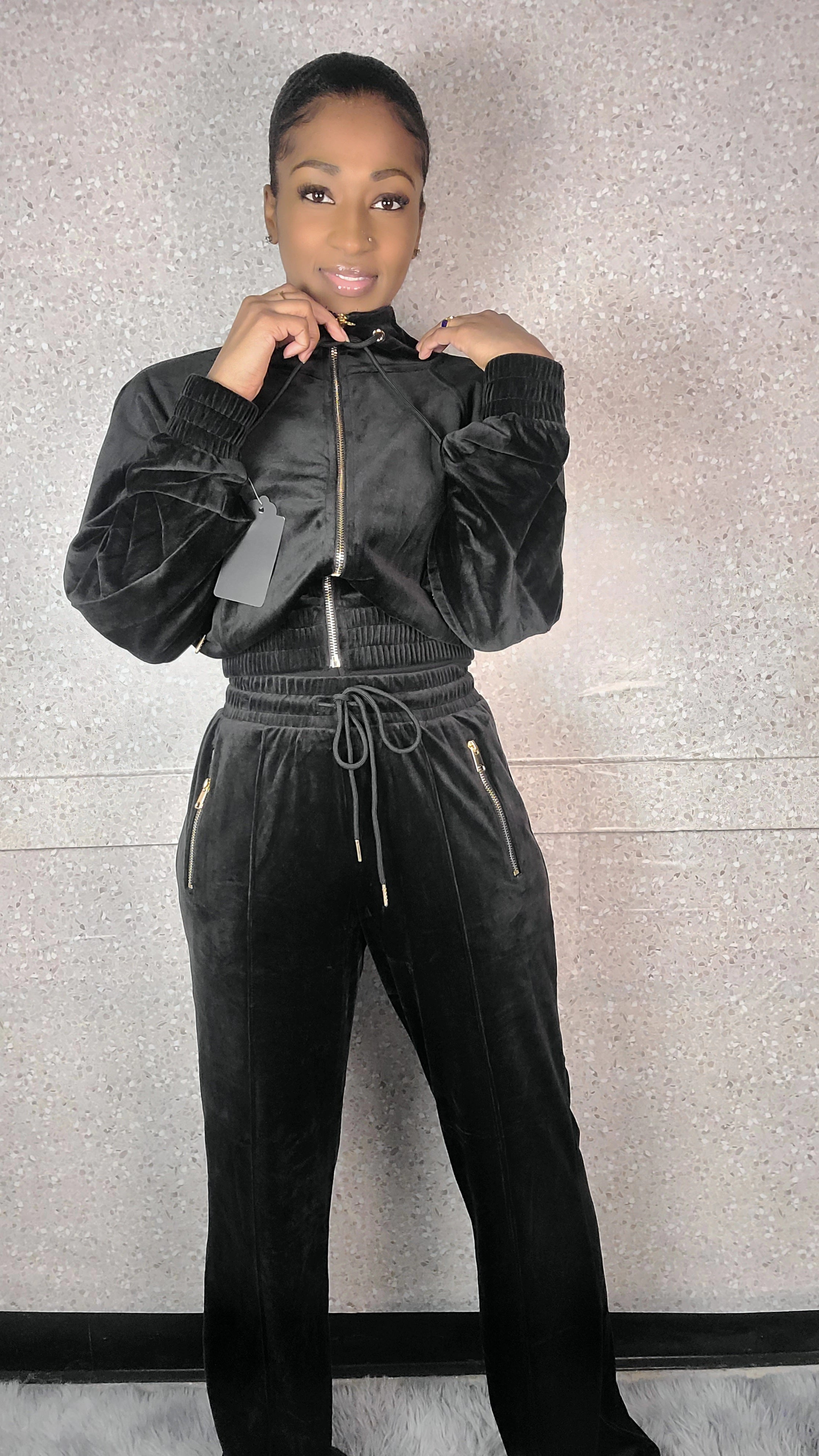 Zipper Hoodie Jacket And Straight Leg Velour Set