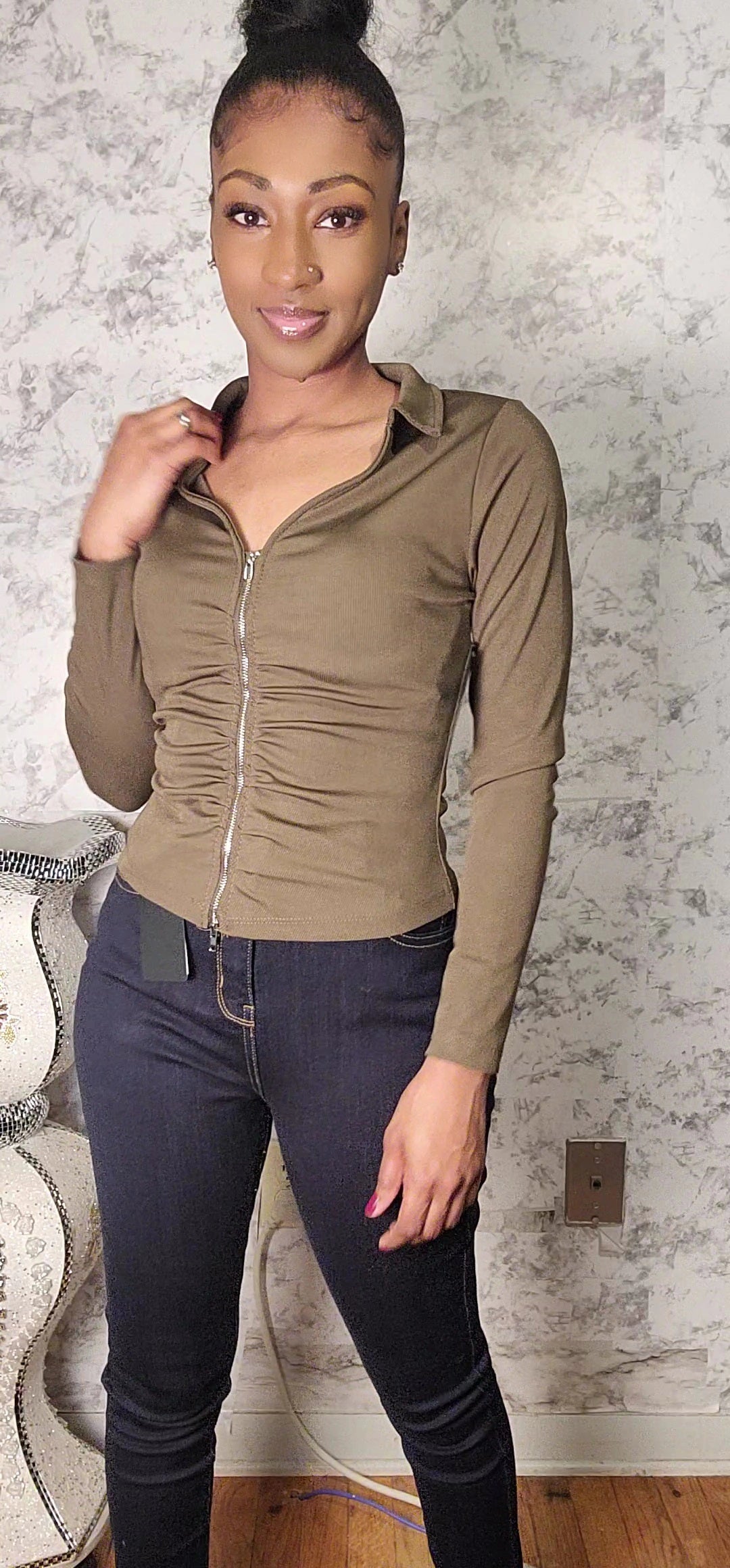 Long Sleeve Two Way Zipper Jacket W/Collar