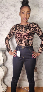 Velvet Mesh Floral Design Crop Top